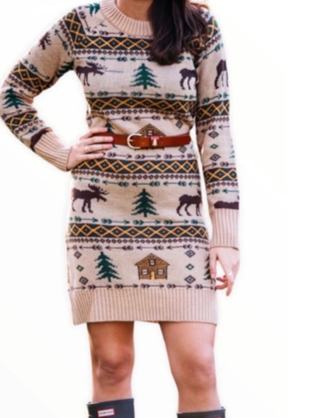 Kiel James Patrick Beige, Green & Brown Moose Fair Isle Crewneck Sweater Dress